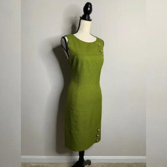 David Meister Olive Green Button Detail Sheath Dress - Picture 3 of 14